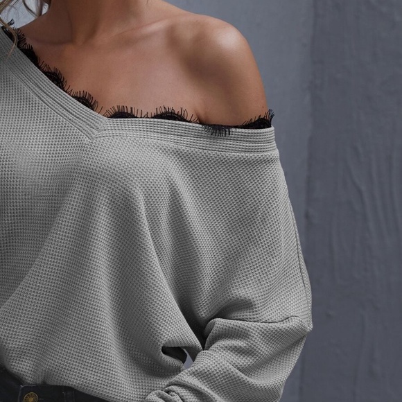 Black eyelash lace detail off shoulder waffle top - Picture 12 of 14